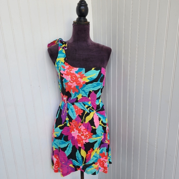 ROXY TROPICAL FLORAL Colorful MERRY VALE ONE SHOULDER Dress Stretch Sz S - Picture 1 of 14